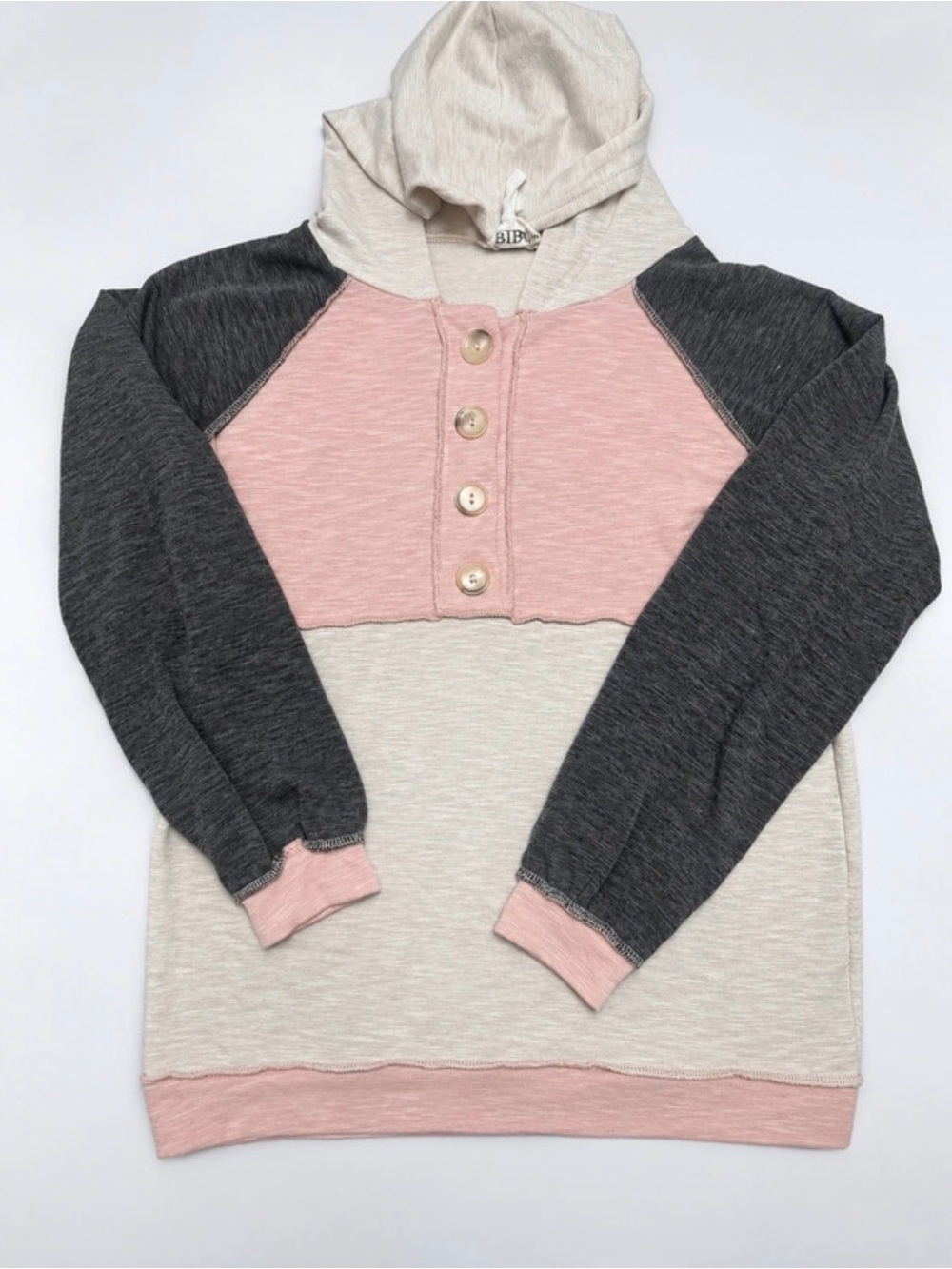 BiBi Girls' Colorblock Pullover Hoodie - Pink, Cream & Charcoal